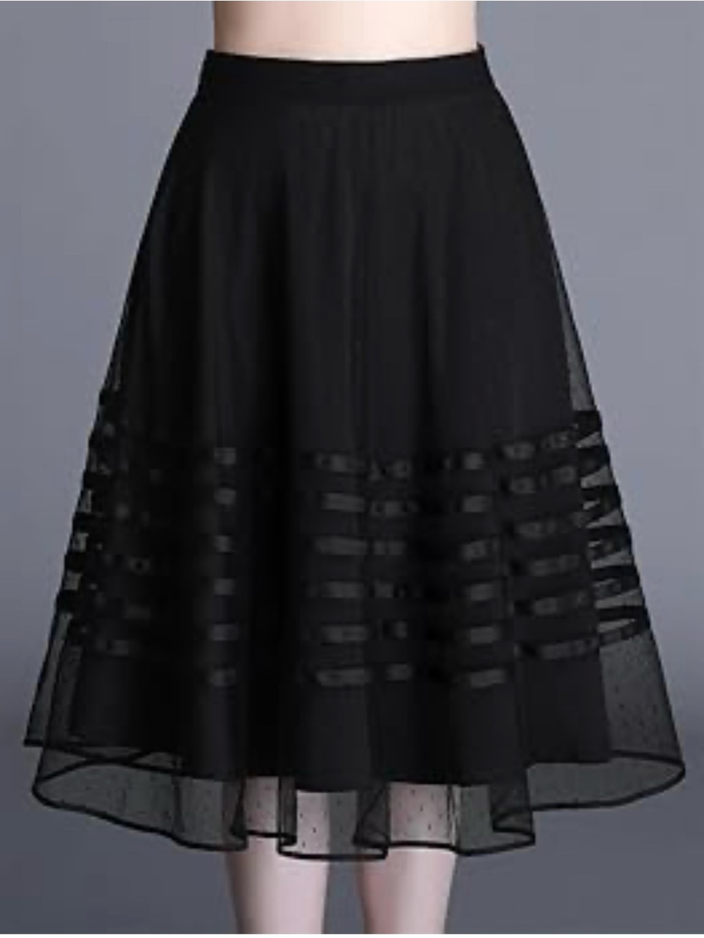 Ashley Stewart Black Mesh Midi Skirt with Striped Sheer Panels